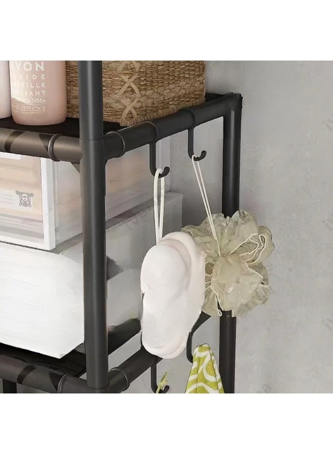 هابي هوم منظم ورف حمام متعدد الاستخدامات 2 طبقة و2 صفوف رفوف جانبية وخطافات لتعليق المناشف وأدوات التنظيف – مصنوع من فولاذ وPP مقاوم للرطوبة والصدأ – تصميم خفيف وعصري لتخزين المناشف وأدوات العناية الشخصية 81×25×138 سم - Image 5